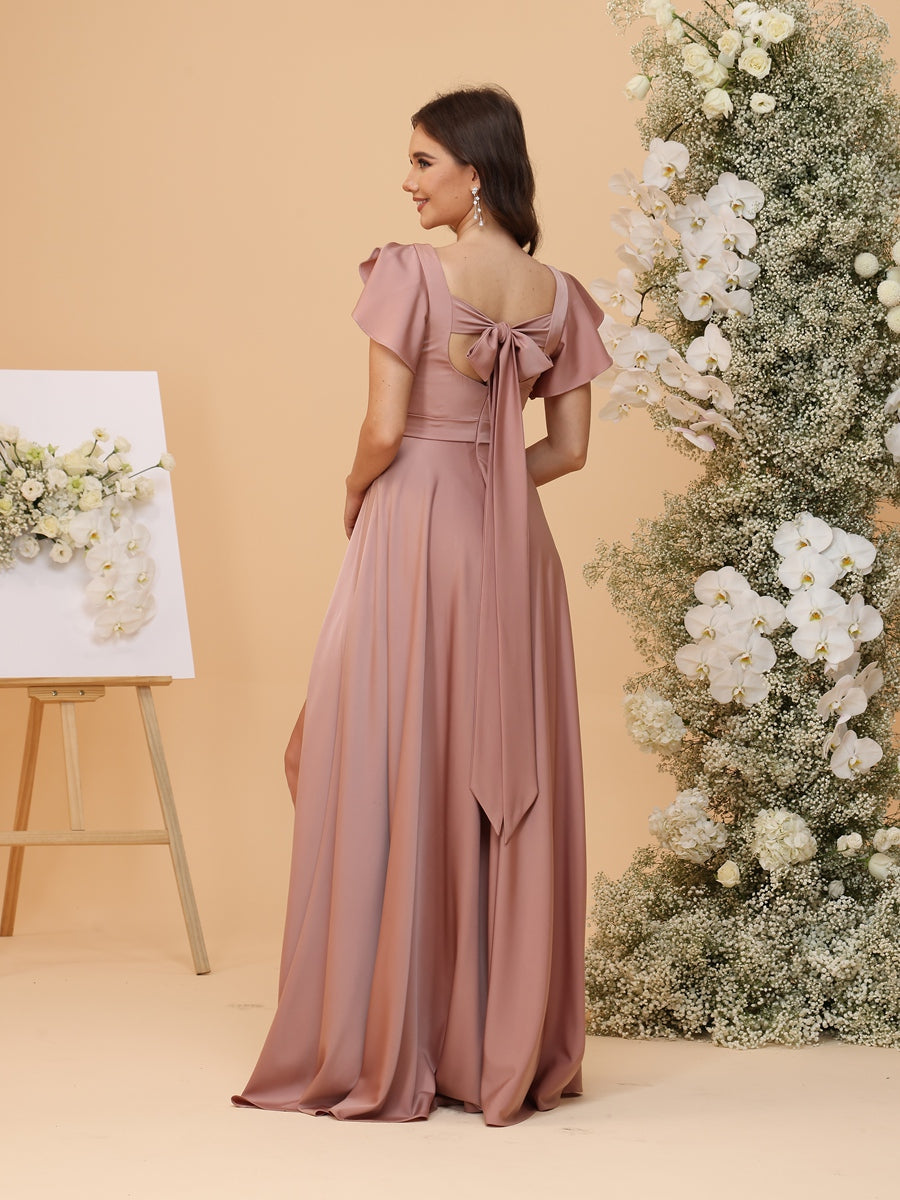 A Line V Neck Short Sleeves Ruched Bridesmaid Dresses with Split Side & Pleats