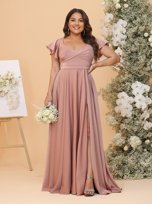 A Line V-Neck Short Sleeves Ruched plus Size Bridesmaid Dresses with Split Side & Pleats