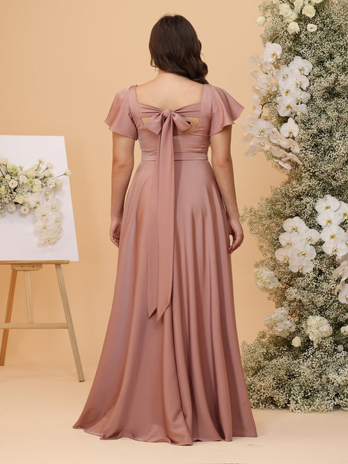 A Line V-Neck Short Sleeves Ruched plus Size Bridesmaid Dresses with Split Side & Pleats