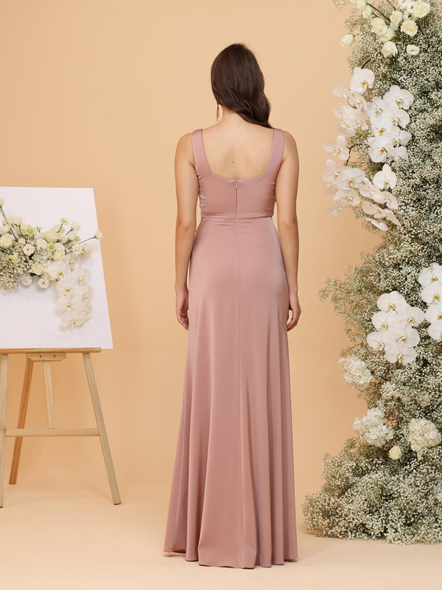 Sheath/Column Square Neck Ruched Sleeveless Bridesmaid Dresses with Split Side