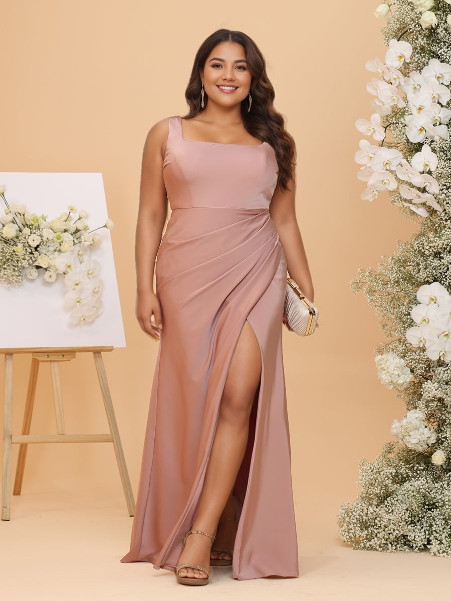 Sheath/Column Square Ruched Sleeveless Plus Size Bridesmaid Dresses with Split Side