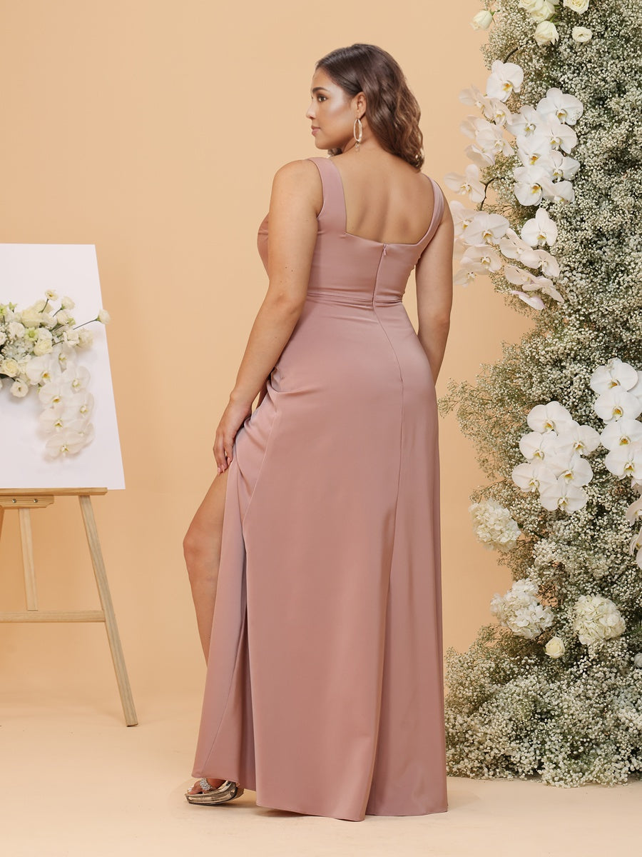Sheath/Column Square Ruched Sleeveless Plus Size Bridesmaid Dresses with Split Side