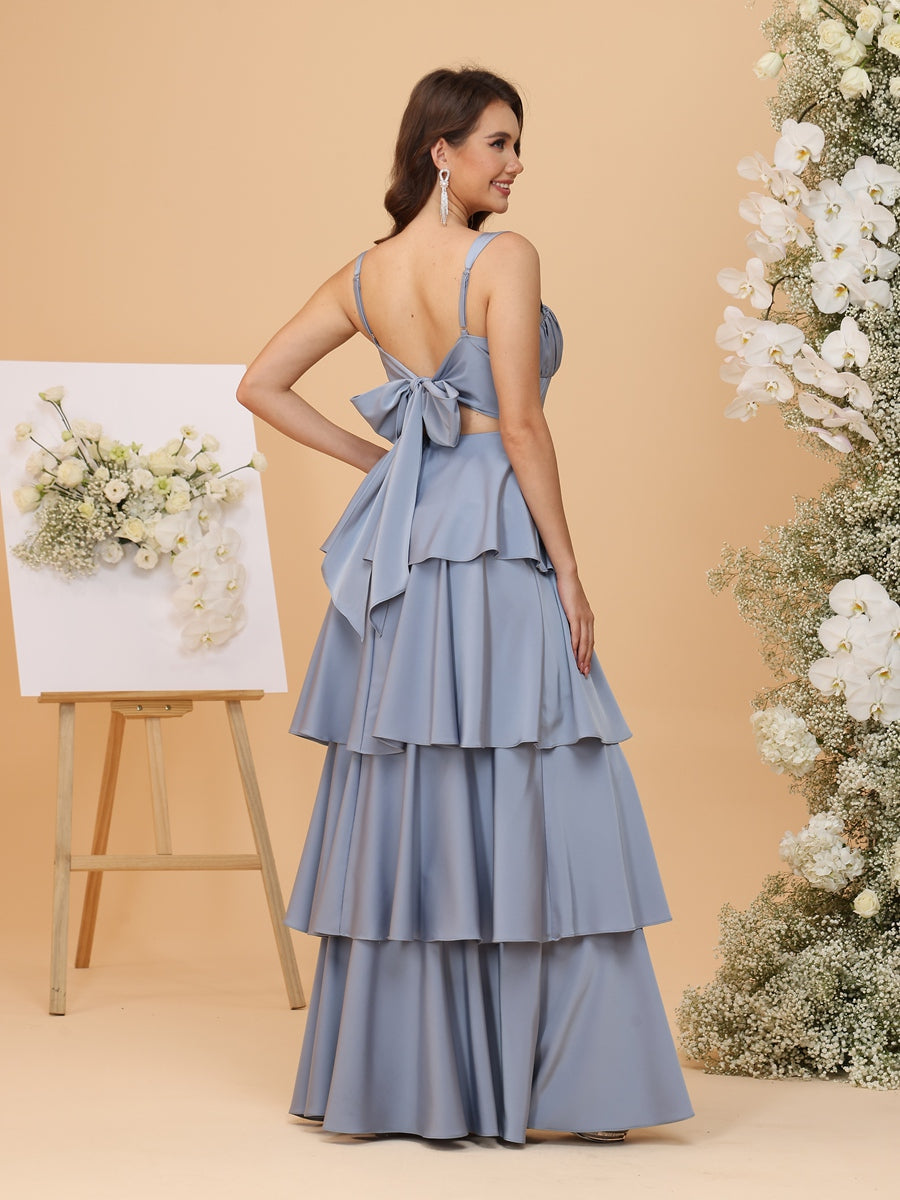 A-Line/Princess Sweetheart Floor-Length Bridesmaid Dresses with Tiered Ruffles & Bows