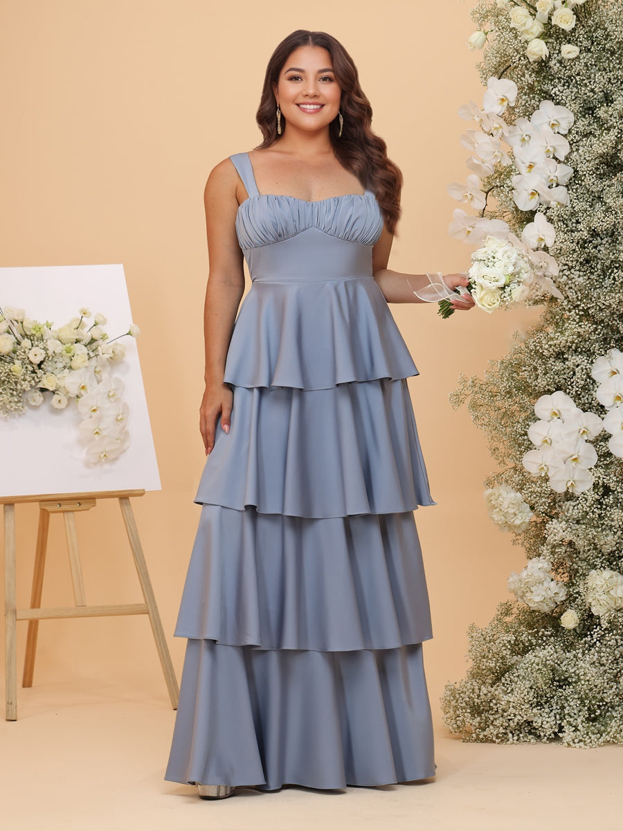 A-Line/Princess Sweetheart Long Plus Size Bridesmaid Dresses with Tiered Ruffles & Bows