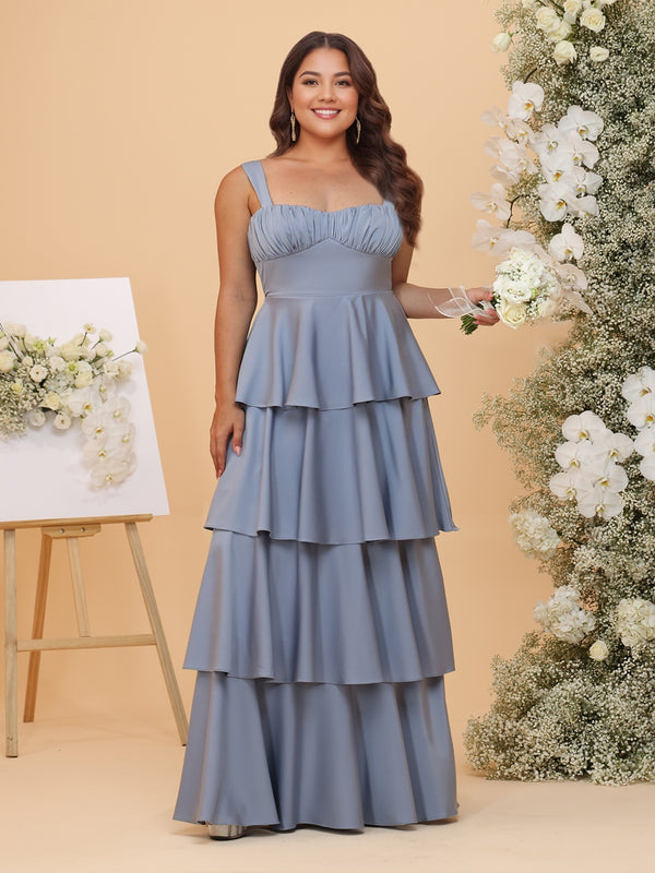 A-Line/Princess Sweetheart Long Plus Size Bridesmaid Dresses with Tiered Ruffles & Bows