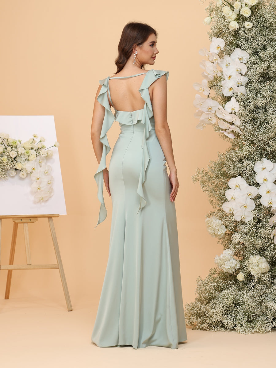 Trumpet/Mermaid Square Floor-Length Bridesmaid Dresses with Ruffles & Watteau Train