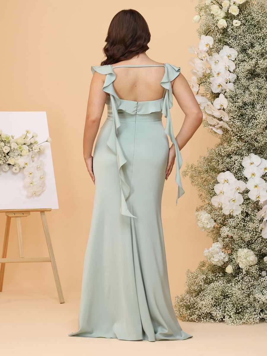 Trumpet/Mermaid Square Floor-Length Plus Size Bridesmaid Dresses with Ruffles & Watteau Train