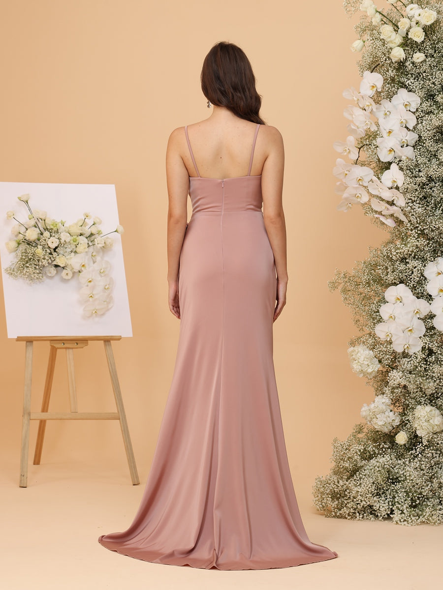 Sheath/Column Spaghetti Straps Ruched Bridesmaid Dresses with Bow & Slit Side