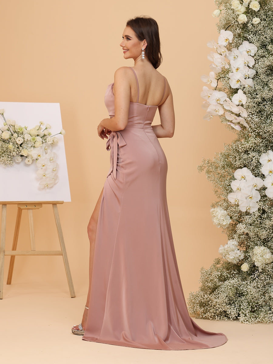 Sheath/Column Spaghetti Straps Ruched Bridesmaid Dresses with Bow & Slit Side