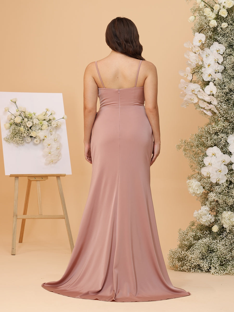 Sheath/Column Spaghetti Straps Ruched Plus Size Bridesmaid Dresses with Bow & Slit Side