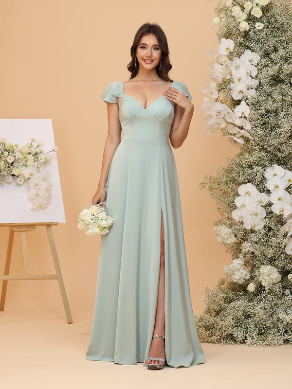 A-Line/Princess V-Neck Ruffled Floor Length Bridesmaid Dresses with Split Side