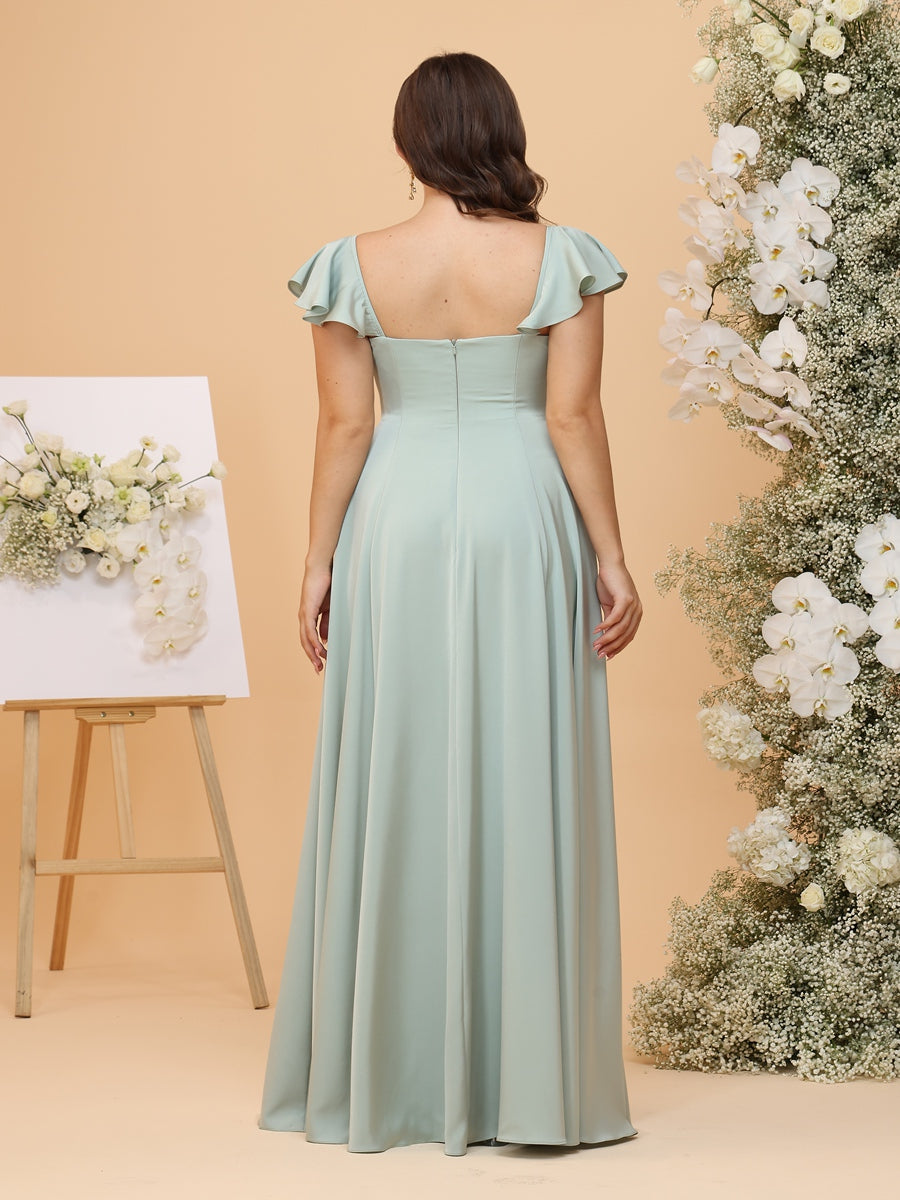 A-Line/Princess V-Neck Ruffled Floor Length Plus Size Bridesmaid Dresses with Split Side
