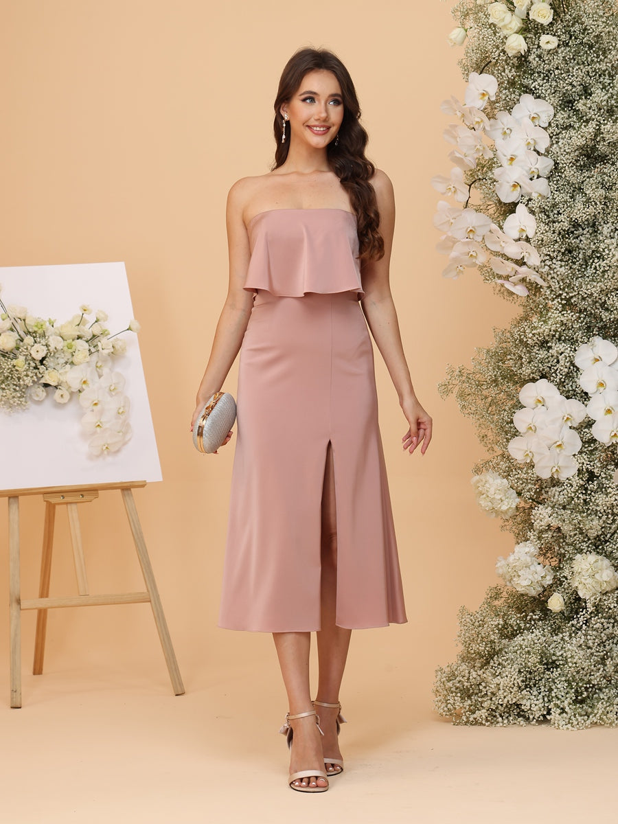 A-Line/Princess Strapless Tea-Length Bridesmaid Dresses with Ruffles & Front Split