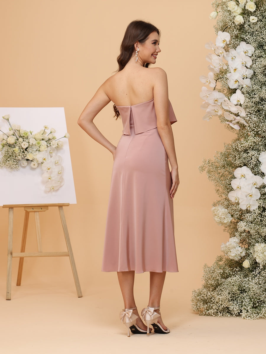 A-Line/Princess Strapless Tea-Length Bridesmaid Dresses with Ruffles & Front Split