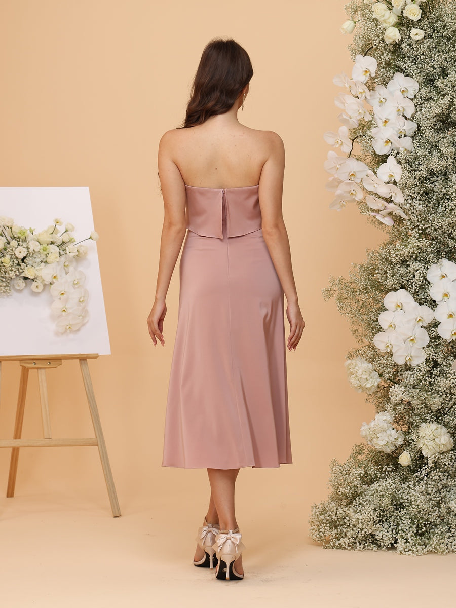 A-Line/Princess Strapless Tea-Length Bridesmaid Dresses with Ruffles & Front Split