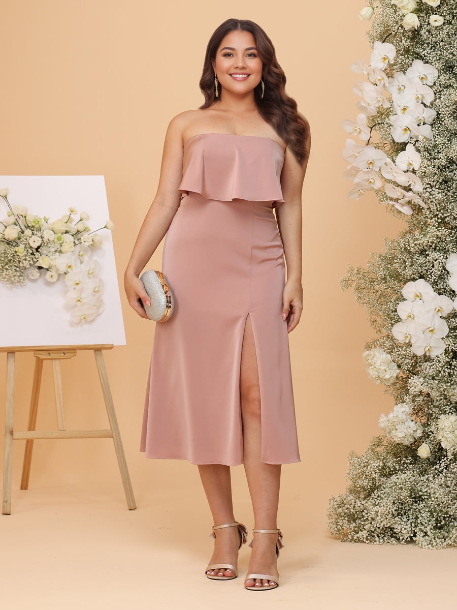 A-Line/Princess Strapless Tea-Length Plus Size Bridesmaid Dresses with Ruffles & Front Split