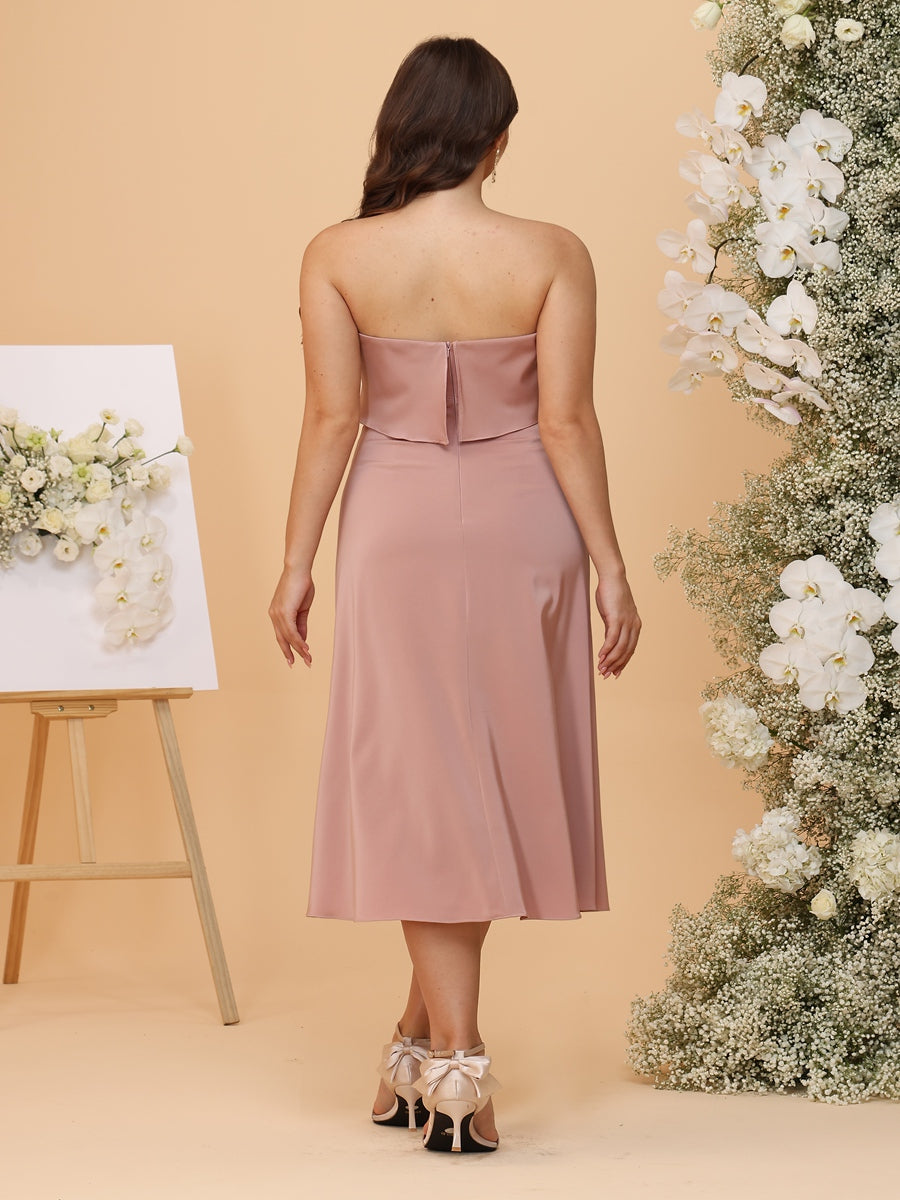 A-Line/Princess Strapless Tea-Length Plus Size Bridesmaid Dresses with Ruffles & Front Split