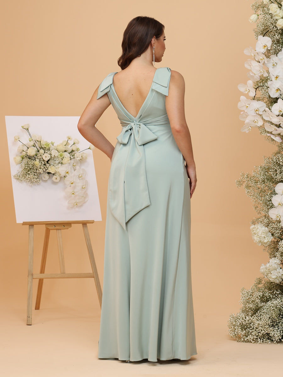 Sheath/Column Sleeveless V-Neck Long Plus Size Bridesmaid Dresses with Bowknot