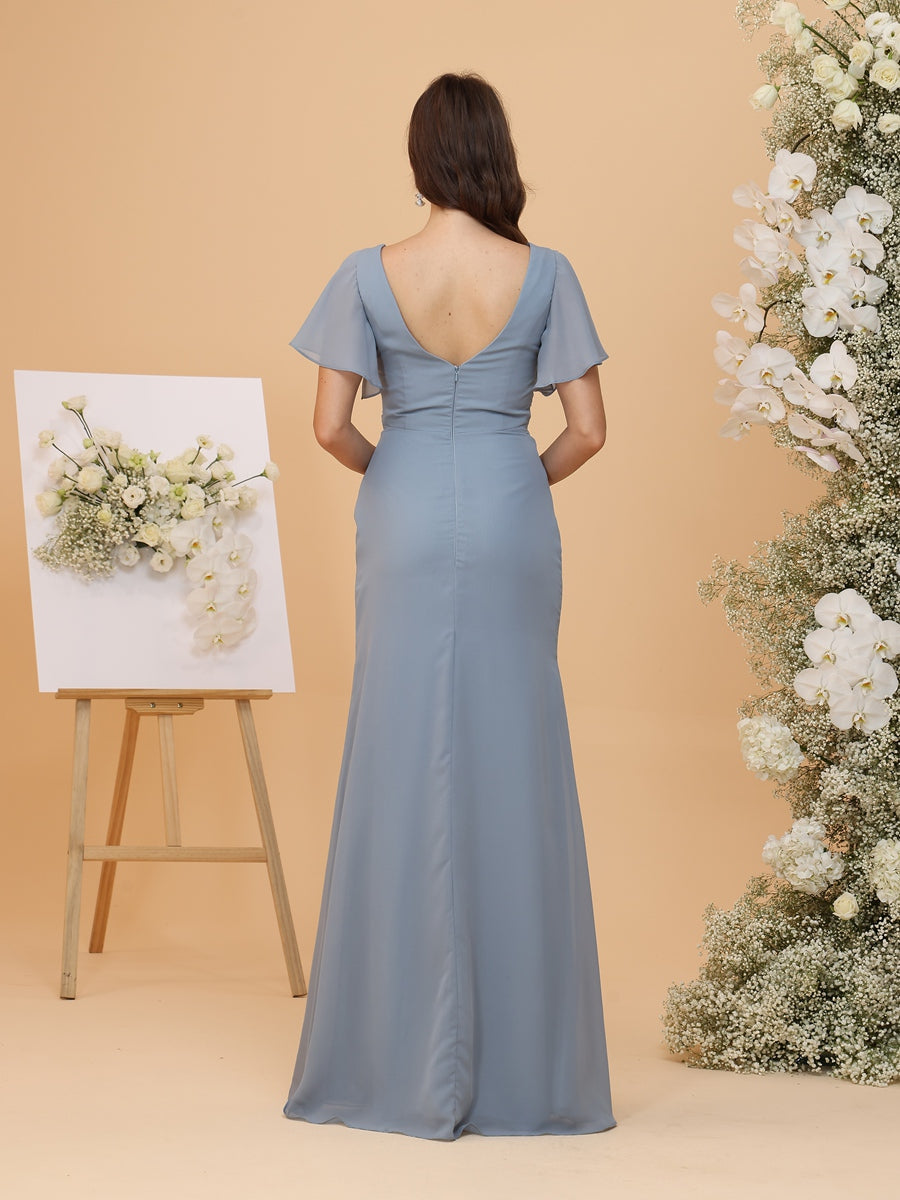 A-Line/Princess V-Neck Short Sleeves Ruched Bridesmaid Dresses with Ruffles & Slit Side
