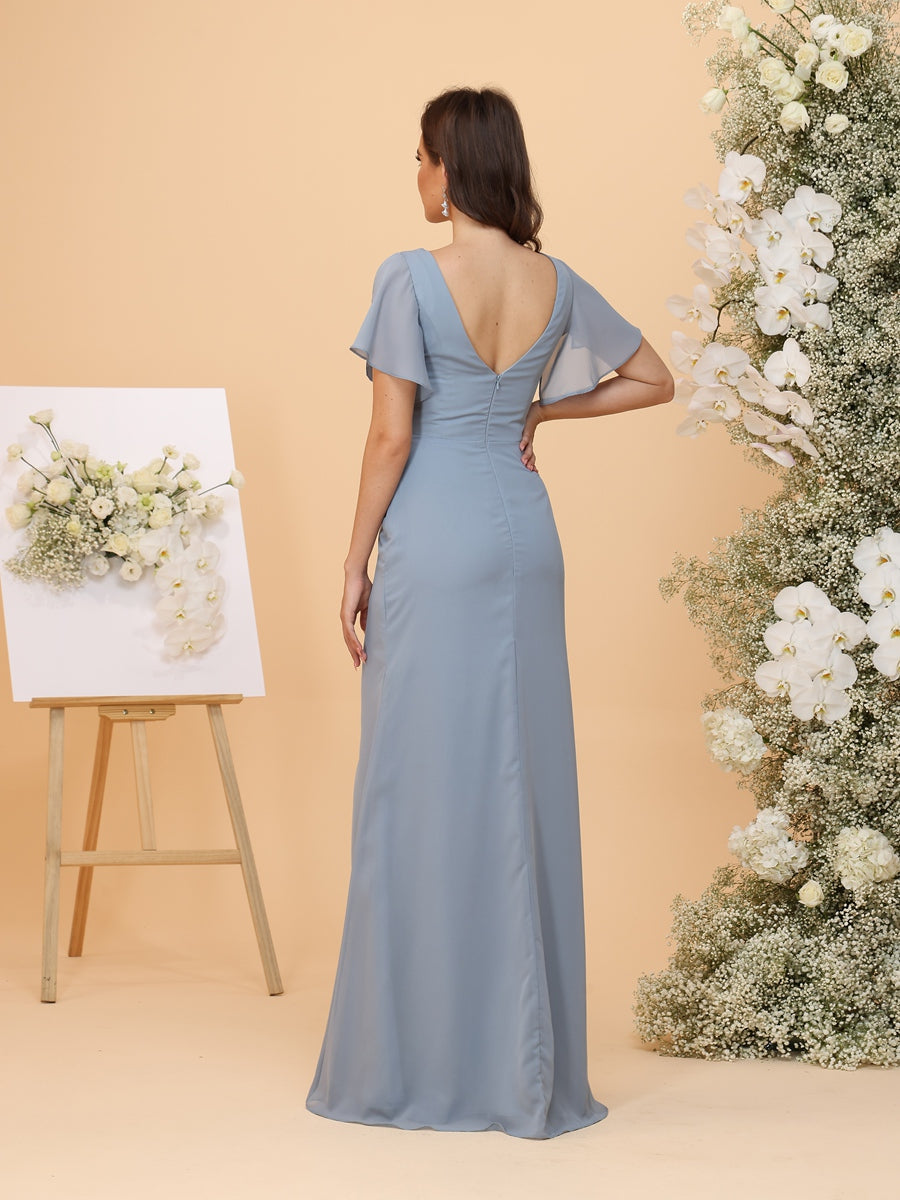 A-Line/Princess V-Neck Short Sleeves Ruched Bridesmaid Dresses with Ruffles & Slit Side