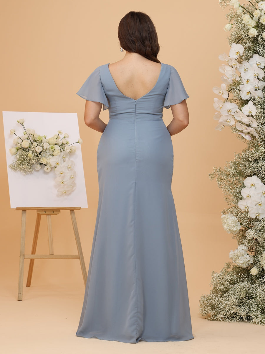 A-Line/Princess V-Neck Short Sleeves Ruched Plus Size Bridesmaid Dresses with Ruffles & Slit Side