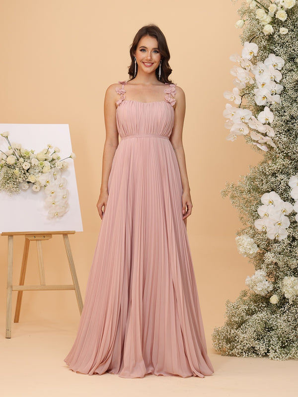 A-Line/Princess Spaghetti Straps Ruched Bridesmaid Dresses with Pleats & Flowers