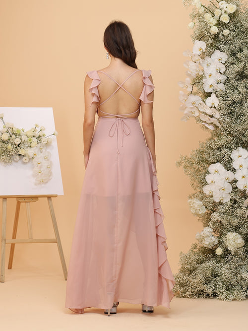 A Line Sleeveless Ruched Floor-Length Bridesmaid Dresses with Ruffles & Split Side