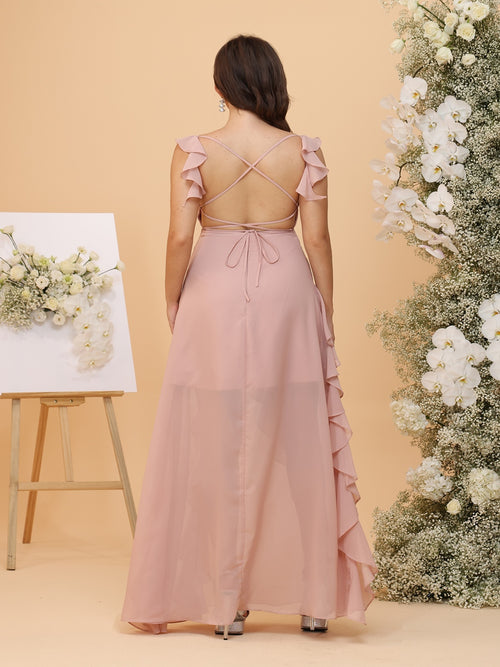 A Line Sleeveless Ruched Floor-Length Plus Size Bridesmaid Dresses with Ruffles & Split Side