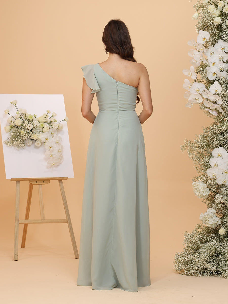 A-Line/Princess One-Shoulder Ruched Chiffon Bridesmaid Dresses with Ruffles & Split Side