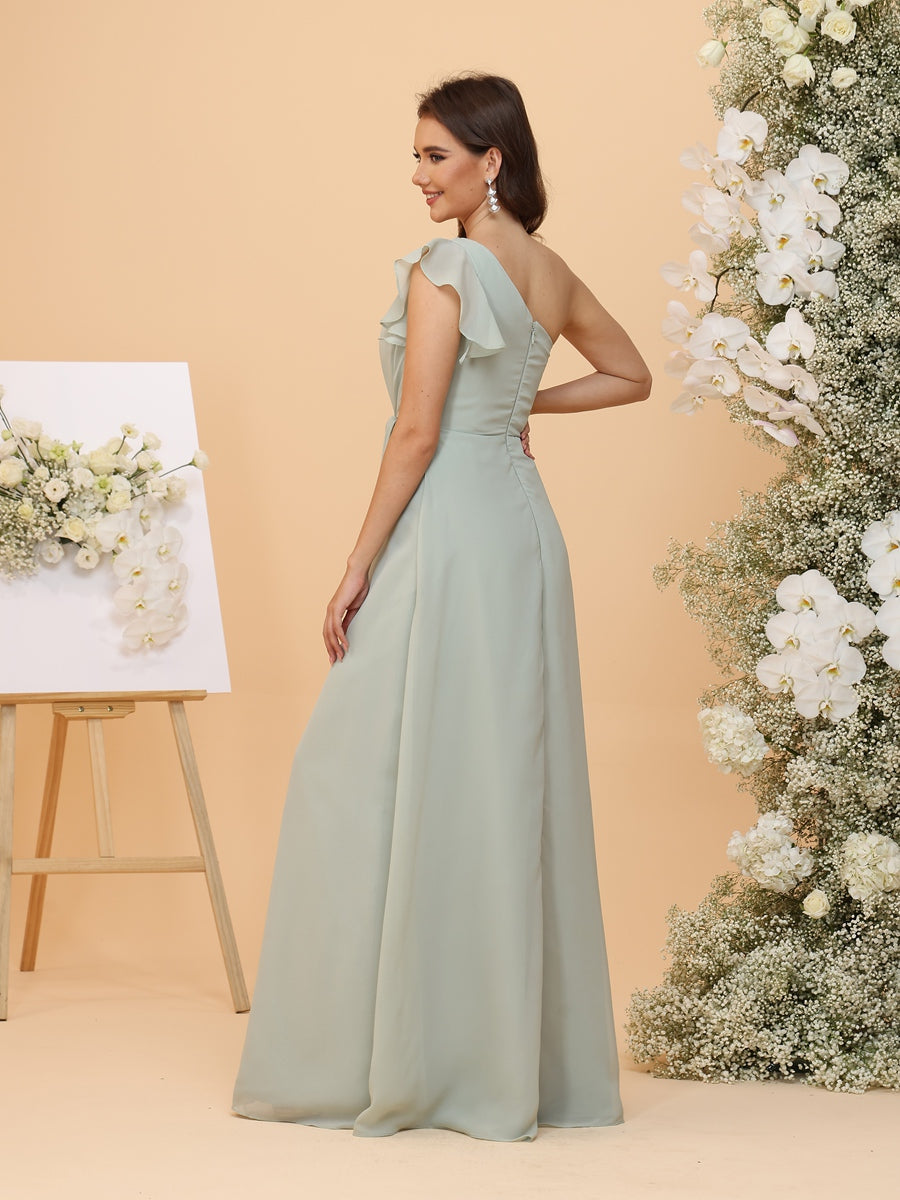 A-Line/Princess One-Shoulder Ruched Chiffon Bridesmaid Dresses with Ruffles & Split Side