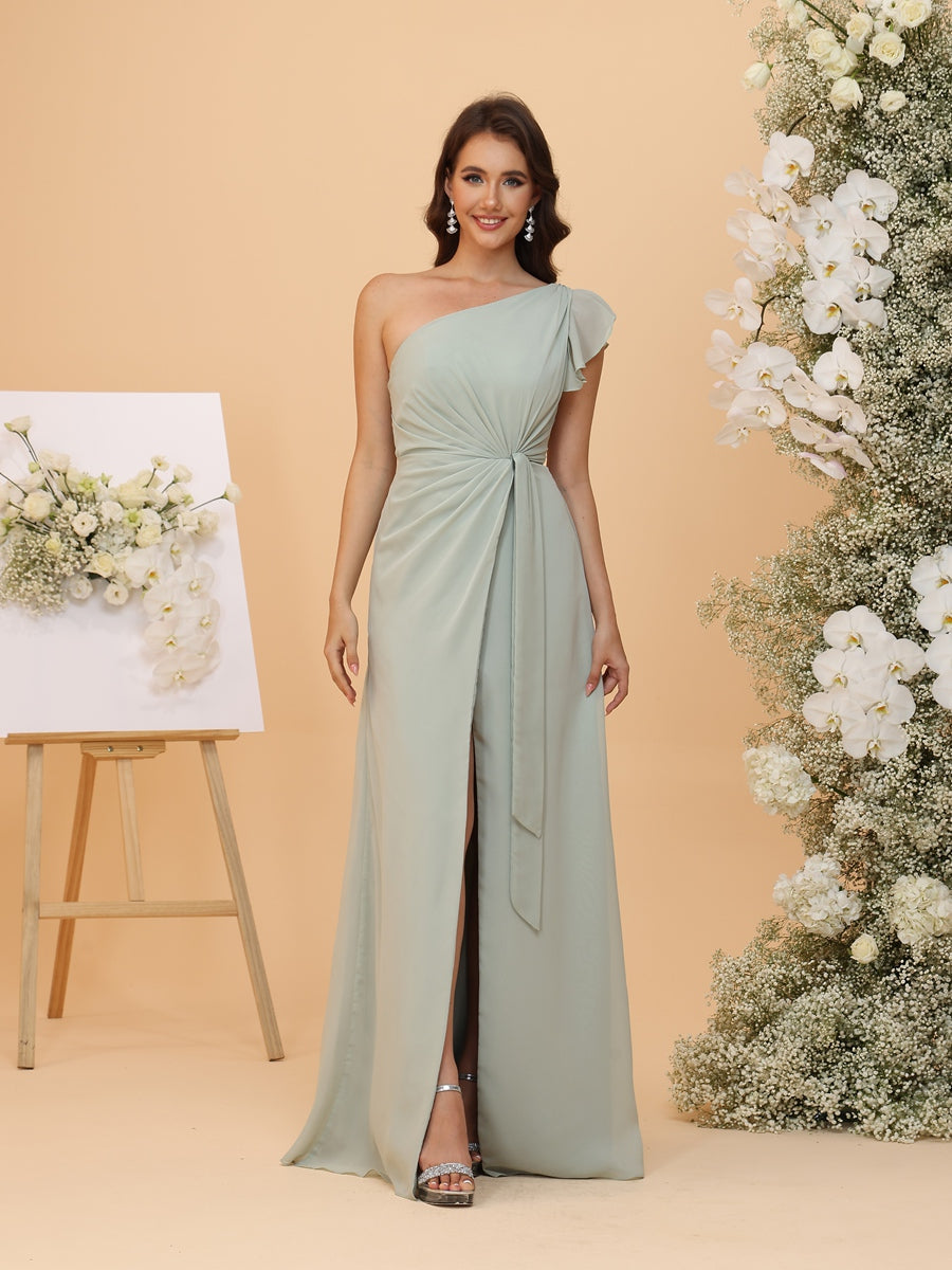 A-Line/Princess One-Shoulder Ruched Chiffon Bridesmaid Dresses with Ruffles & Split Side