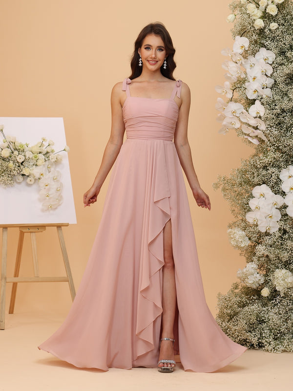 A-Line/Princess Square Chiffon Ruched Bridesmaid Dresses with Ruffles & Slit Side