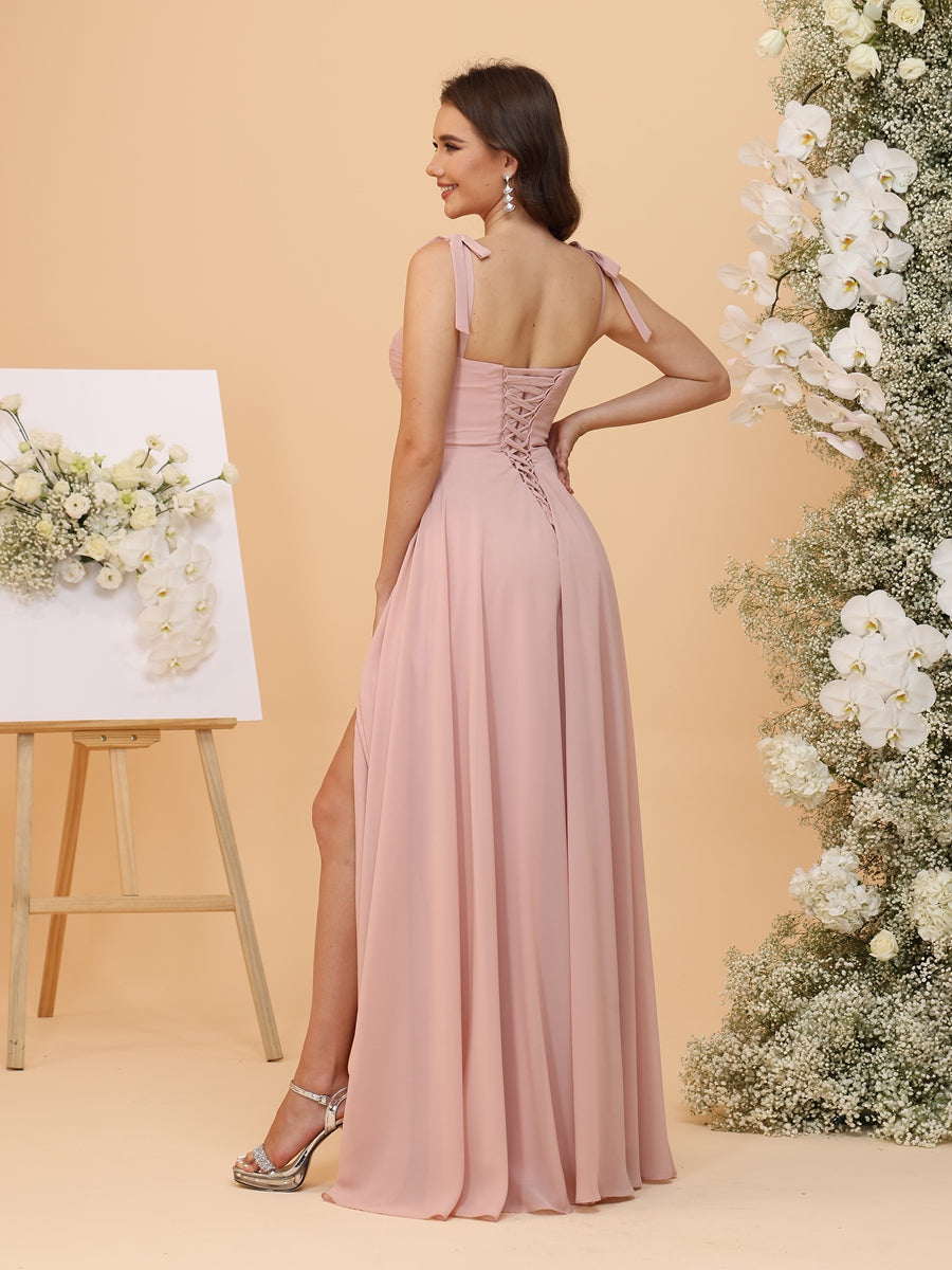 A-Line/Princess Square Chiffon Ruched Bridesmaid Dresses with Ruffles & Slit Side