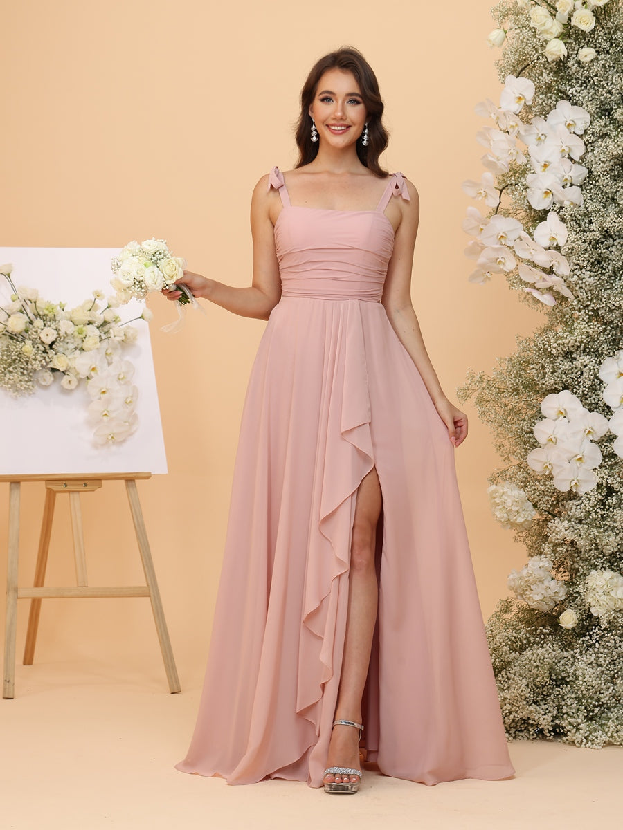 A-Line/Princess Square Chiffon Ruched Bridesmaid Dresses with Ruffles & Slit Side
