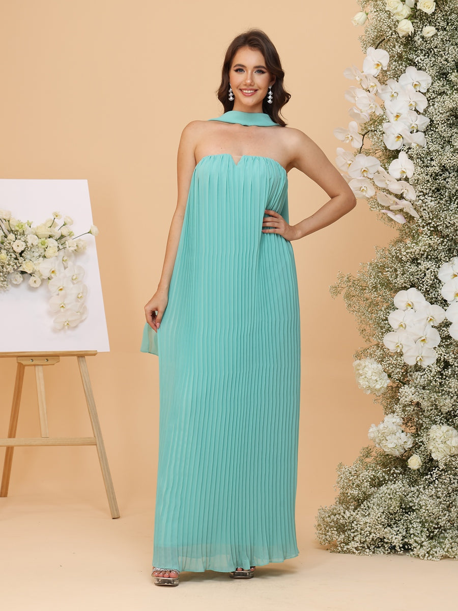 Chiffon Strapless Floor-Length Bridesmaid Dresses with Pleats & Watteau Train