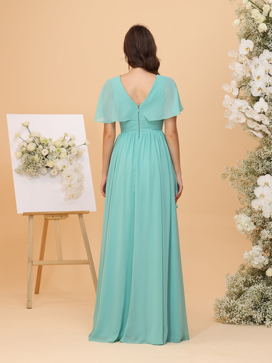 A-Line/Princess V Neck Cap Sleeves Ruched Bridesmaid Dresses with Ruffles & Split Side