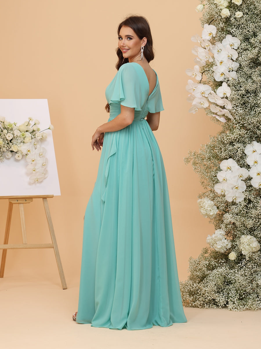 A-Line/Princess V Neck Cap Sleeves Ruched Bridesmaid Dresses with Ruffles & Split Side