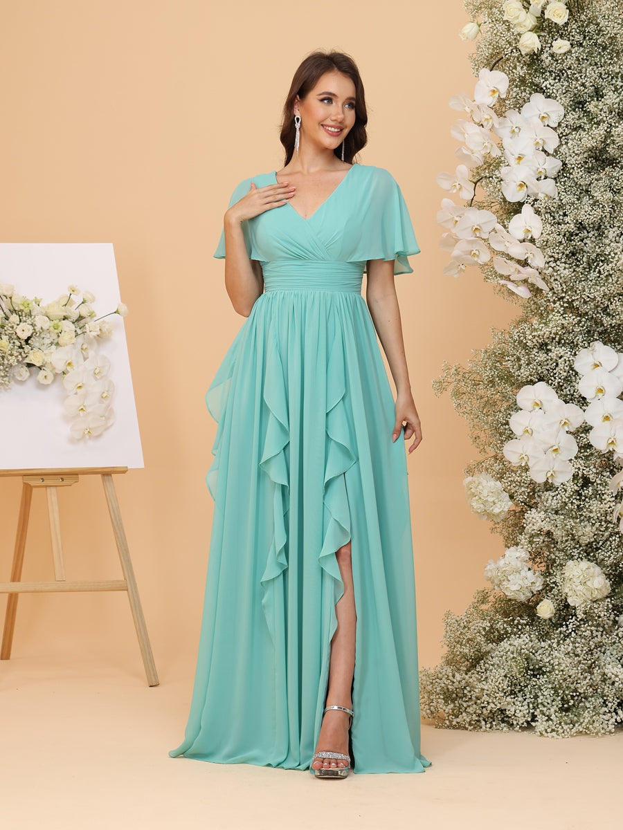 A-Line/Princess V Neck Cap Sleeves Ruched Bridesmaid Dresses with Ruffles & Split Side