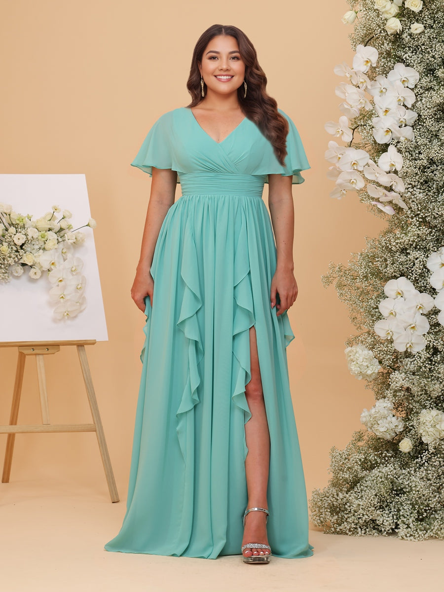A-Line/Princess V Neck Cap Sleeves Ruched Plus Size Bridesmaid Dresses with Ruffles & Split Side