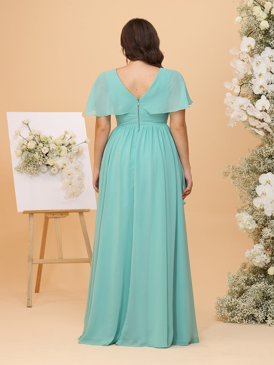 A-Line/Princess V Neck Cap Sleeves Ruched Plus Size Bridesmaid Dresses with Ruffles & Split Side