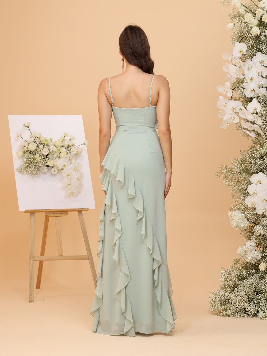 Sheath/Column Spaghetti Straps Ruffled Chiffon Bridesmaid Dresses with Slit Side