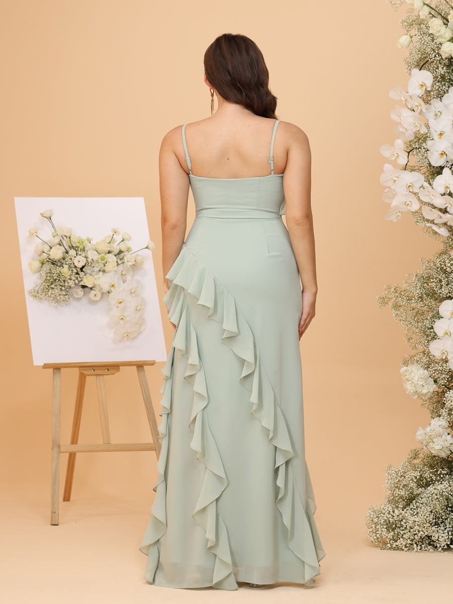 Sheath/Column Spaghetti Straps Ruffled Chiffon Plus Size Bridesmaid Dresses with Slit Side