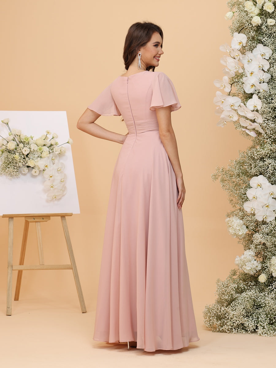 A-Line/Princess Scoop Short Sleeves Ruched Chiffon Bridesmaid Dresses with Ruffles