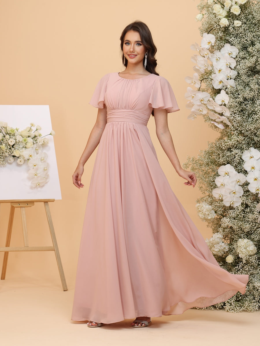 A-Line/Princess Scoop Short Sleeves Ruched Chiffon Bridesmaid Dresses with Ruffles