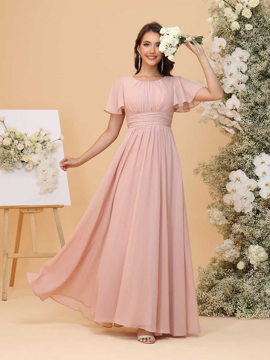 A-Line/Princess Scoop Short Sleeves Ruched Chiffon Bridesmaid Dresses with Ruffles
