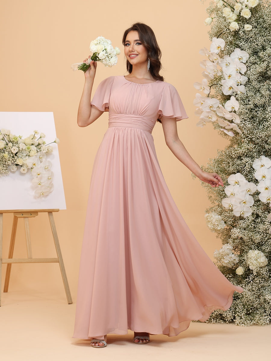 A-Line/Princess Scoop Short Sleeves Ruched Chiffon Bridesmaid Dresses with Ruffles
