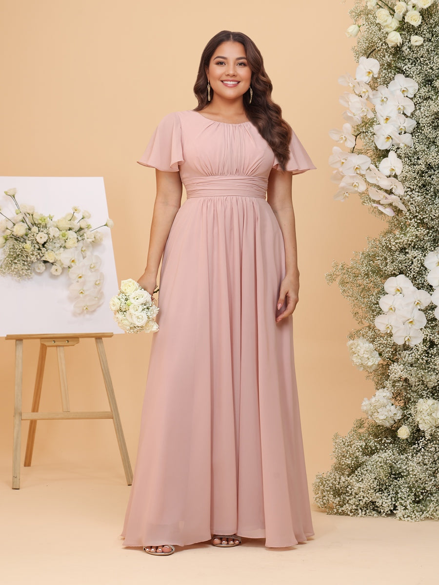 A-Line/Princess Scoop Short Sleeves Chiffon Plus Size Bridesmaid Dresses with Ruffles