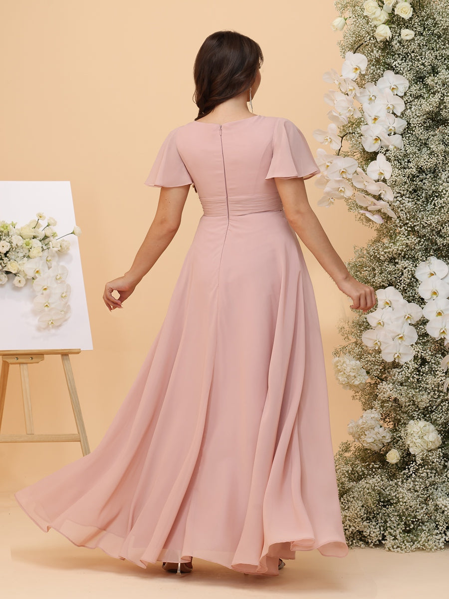 A-Line/Princess Scoop Short Sleeves Chiffon Plus Size Bridesmaid Dresses with Ruffles