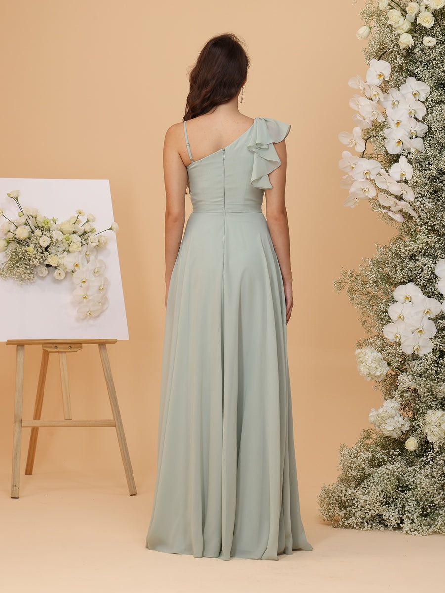 A-Line/Princess Asymmetrical Neck Long Bridesmaid Dresses with Ruffles & Split Side