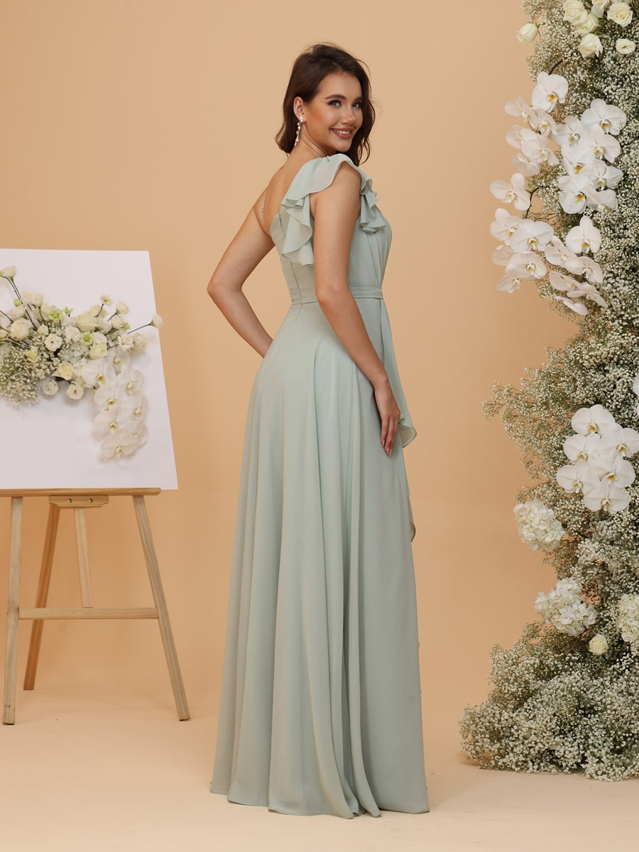 A-Line/Princess Asymmetrical Neck Long Bridesmaid Dresses with Ruffles & Split Side